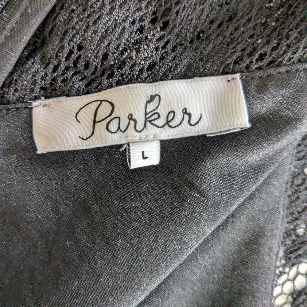 Parker Gunmetal Gray Metallic Lace Illusion Sheath Dress Size Large - Picture 11 of 11